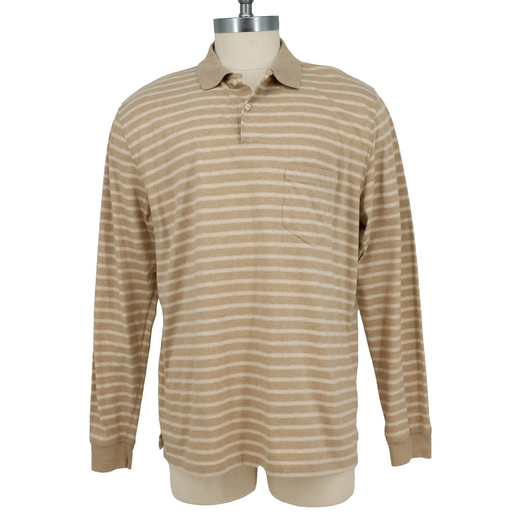 Lands End Polo Shirt Mens Large 42 44 Khaki Beige Stripe Cotton Long Sleeve New